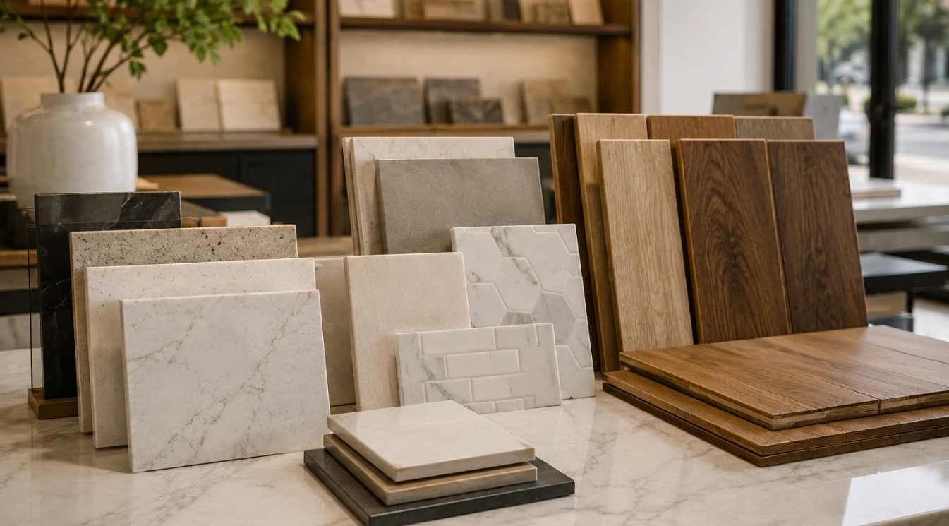 Cabinet flooring paint backsplash and countertop samples arranged together