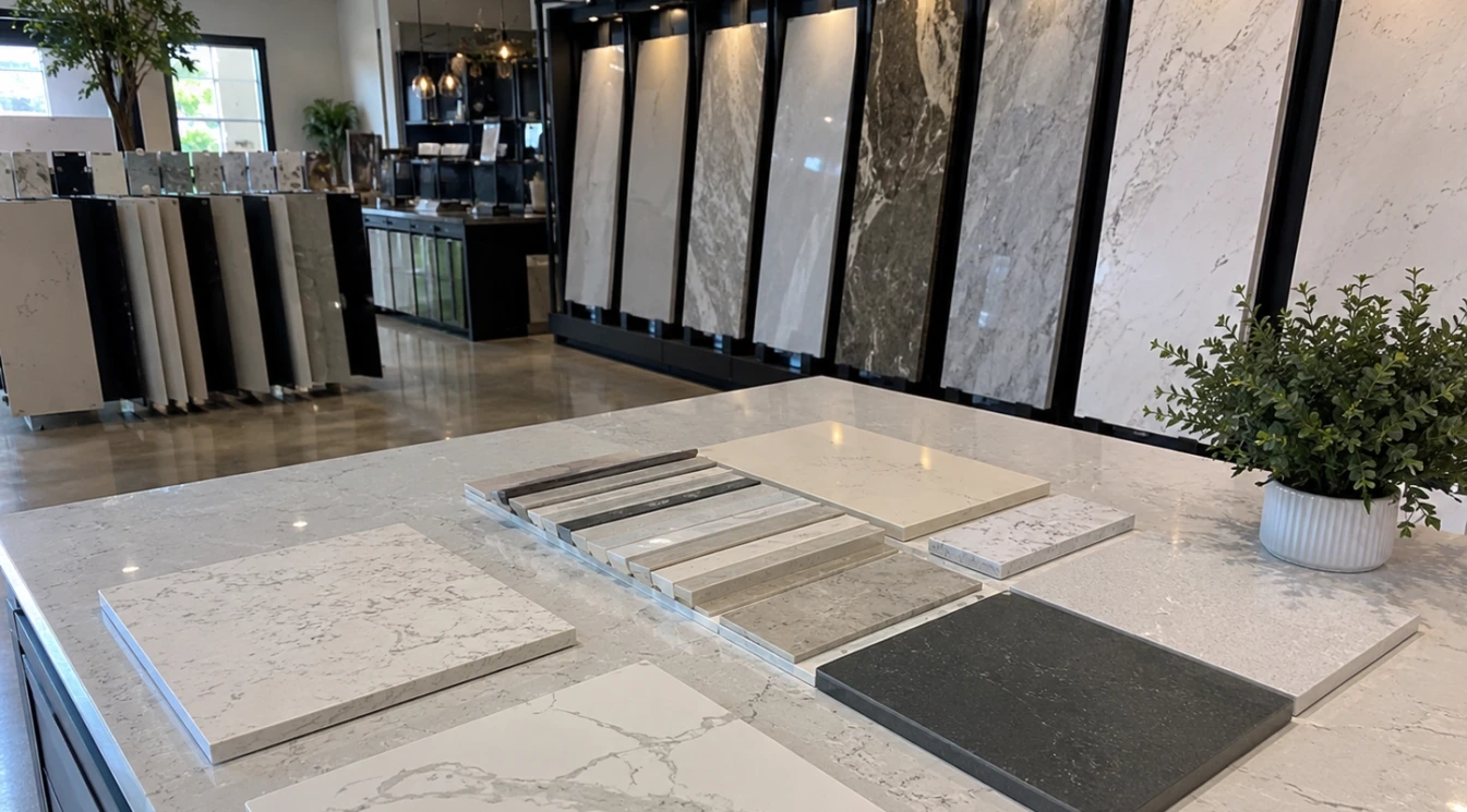 A showroom materials display with slab racks tile boards and flooring samples