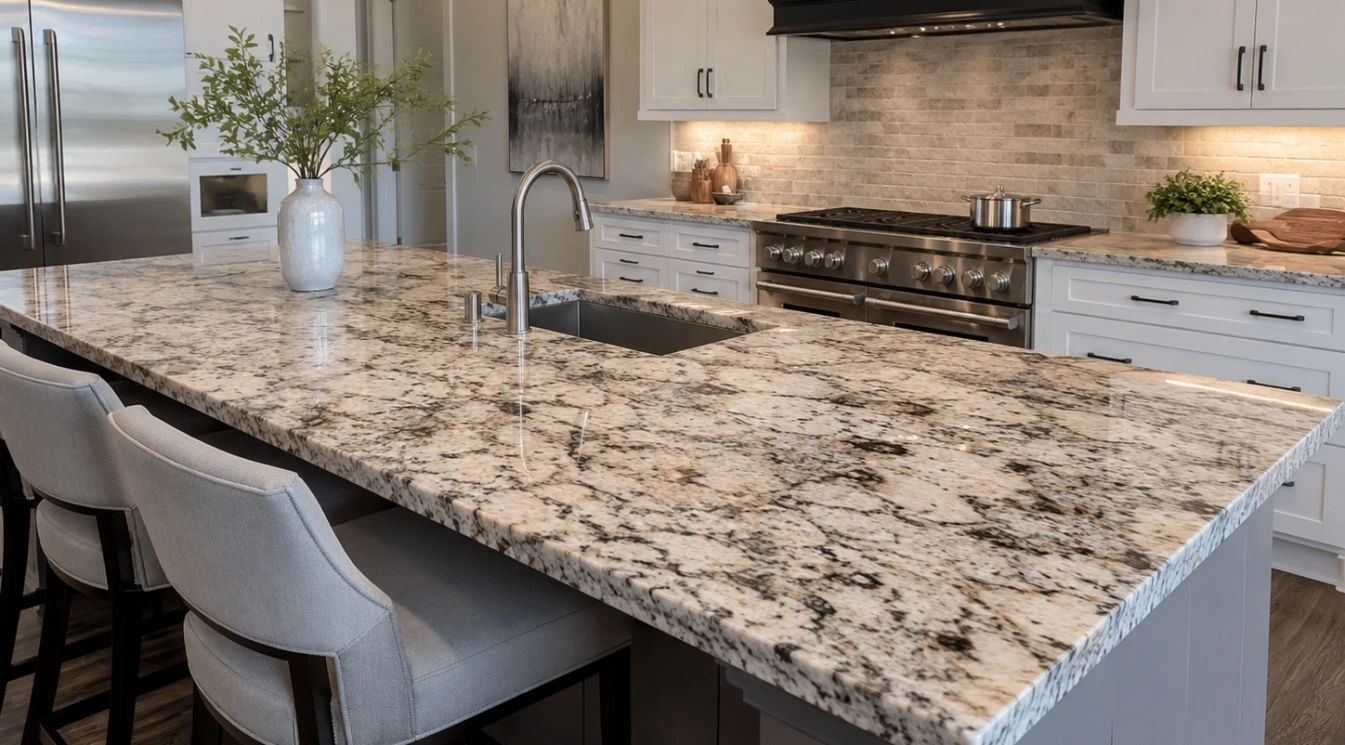 A modern kitchen with granite countertops