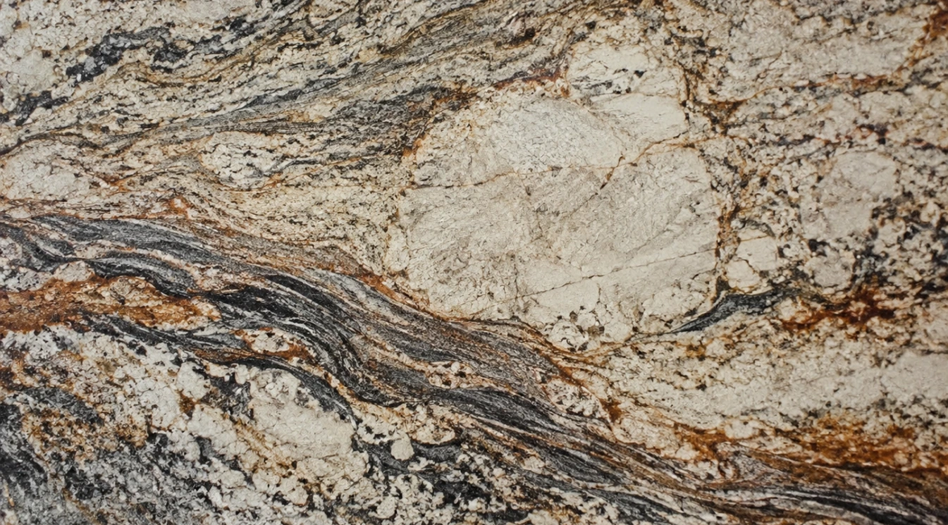 A granite slab with natural mineral movement
