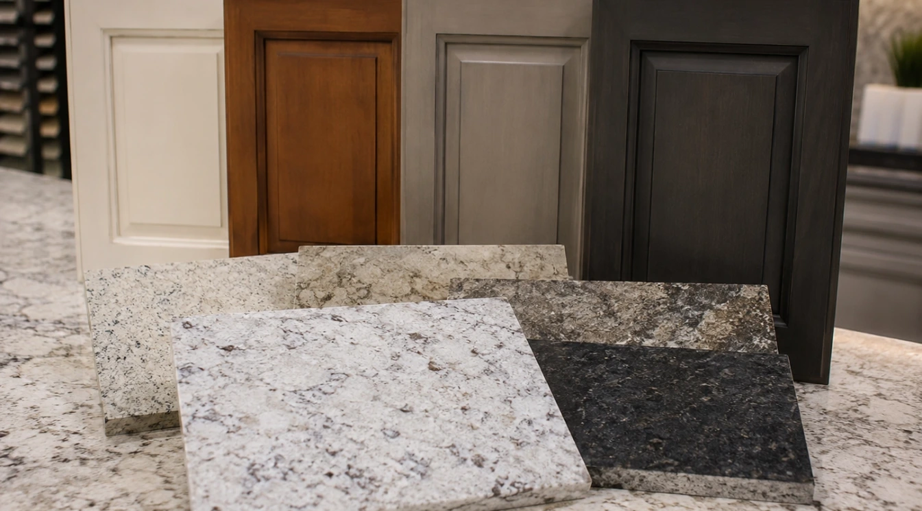 Granite samples beside cabinet finishes