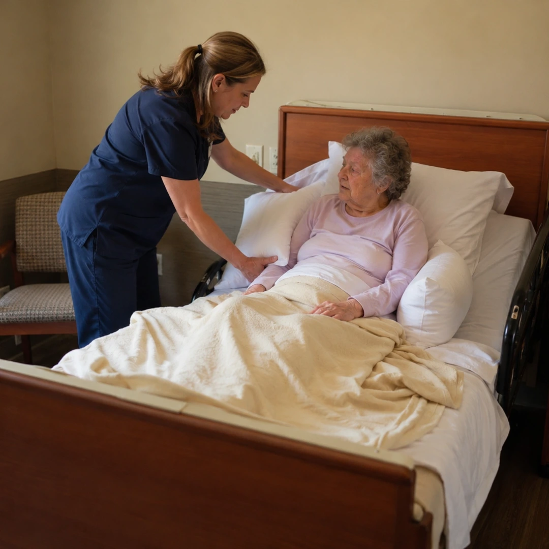 A caregiver carefully repositioning an elderly nursing home resident with supportive pillows
