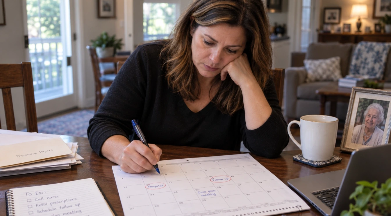 An adult daughter marking important dates on a calendar after an elderly parent’s nursing home hospitalization