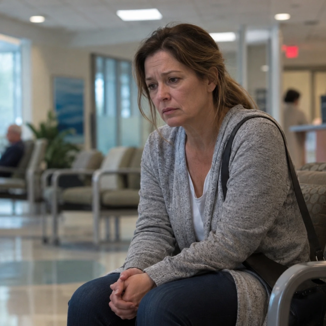 A somber adult daughter sitting in a hospital waiting area after an elderly parent’s emergency transfer from a nursing home