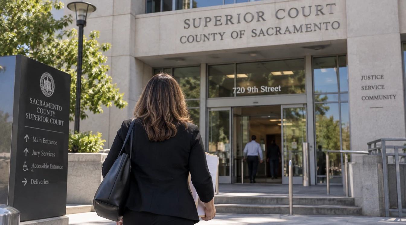 A California courthouse exterior with an adult family member walking toward the entrance