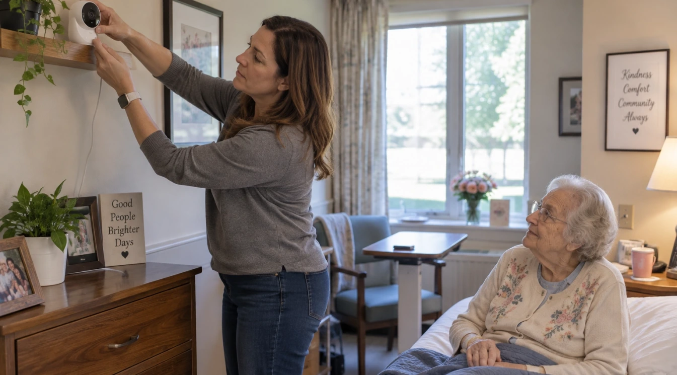 An adult daughter placing a small home security camera on a shelf in an elderly nursing home resident’s private room while the resident watches