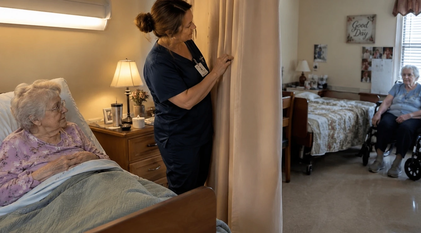 Two elderly roommates in a shared nursing home room with a privacy curtain separating their living spaces while a caregiver closes the curtain before personal care