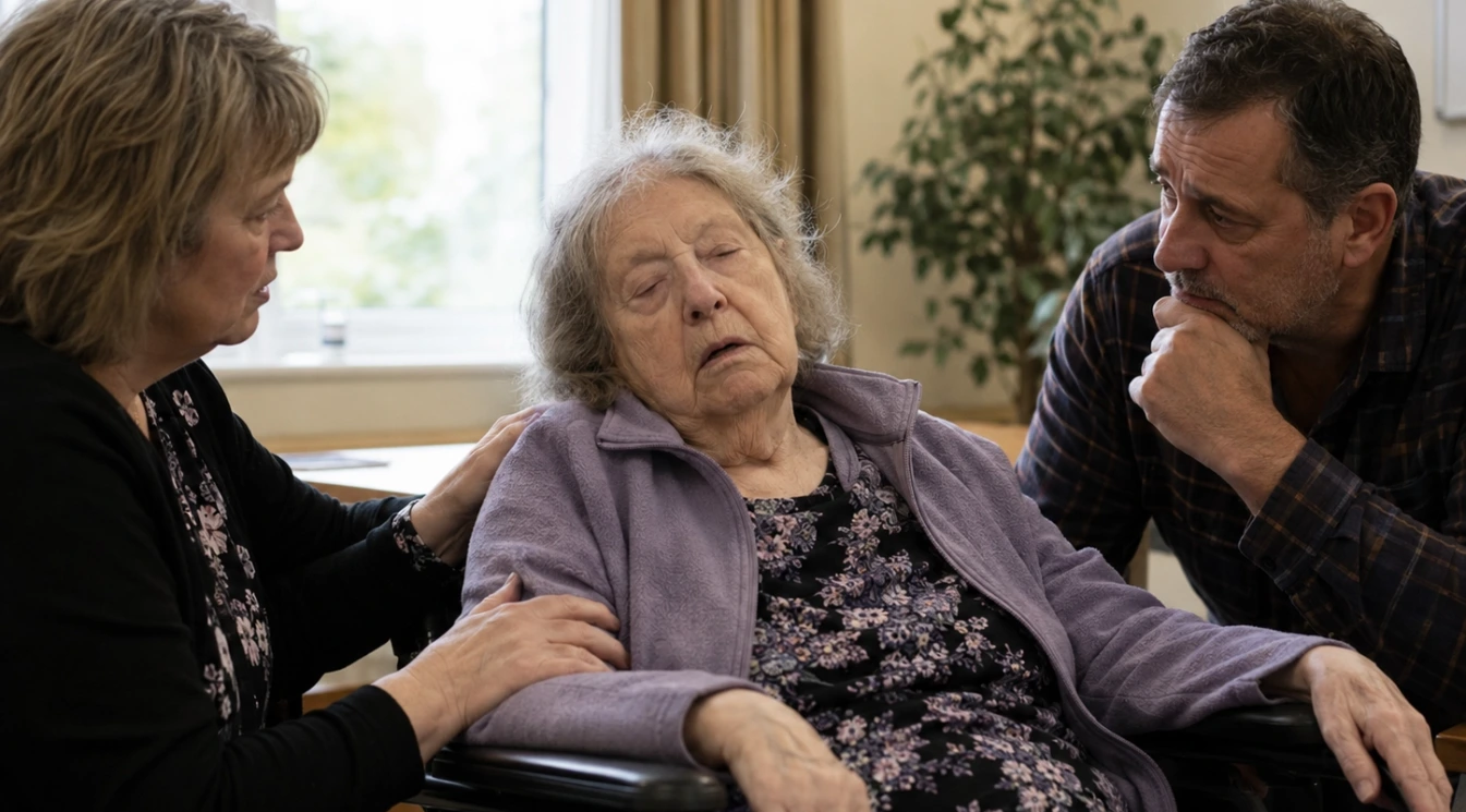 An elderly nursing home resident appearing unusually drowsy during a family visit