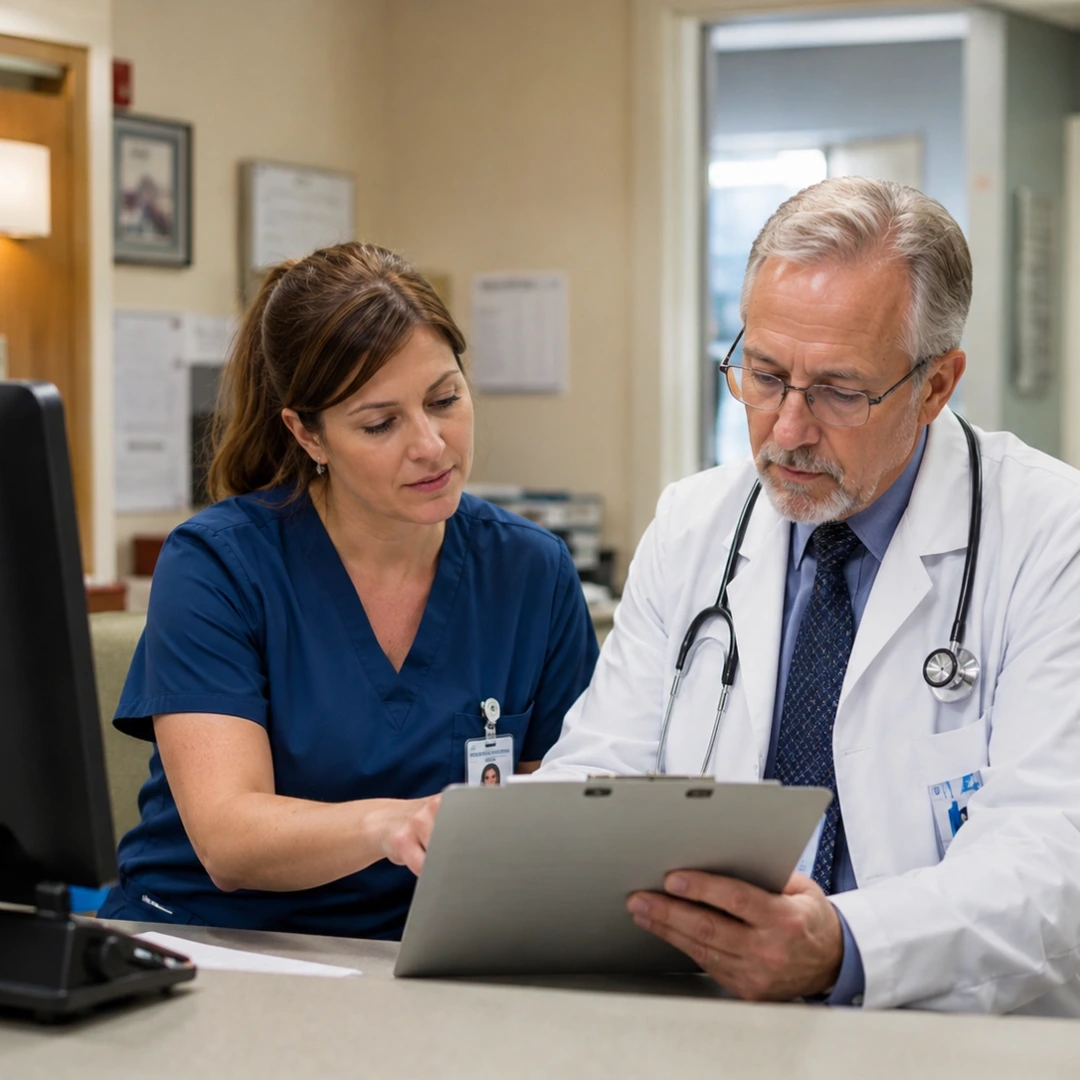 A nurse and physician reviewing a nursing home resident's medication records
