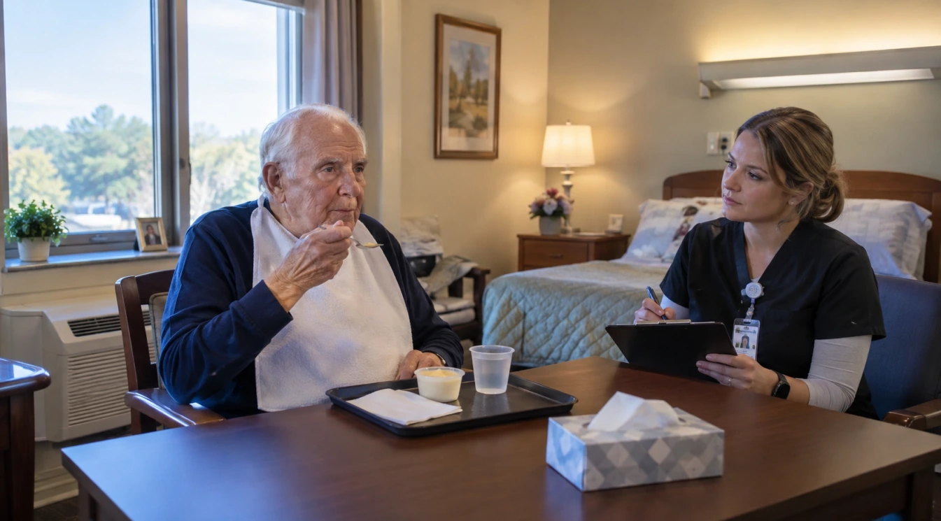 A speech-language pathologist observing an elderly nursing home resident during a supervised swallowing assessment