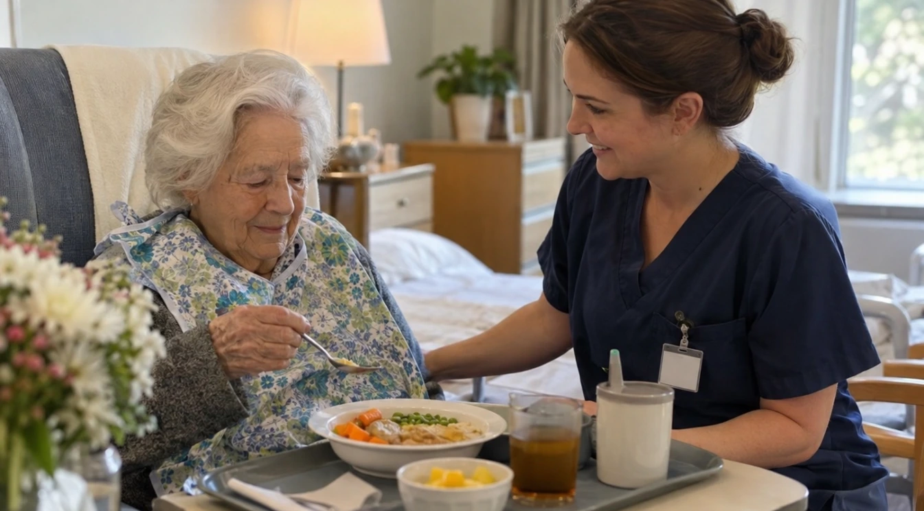 A caregiver assisting an elderly nursing home resident with a supervised meal while the resident sits upright