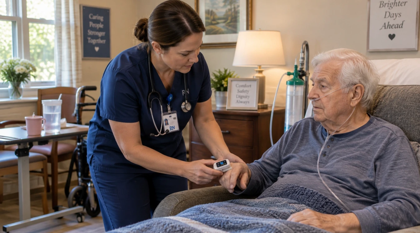 A nurse checking an elderly nursing home resident’s oxygen level after new breathing symptoms