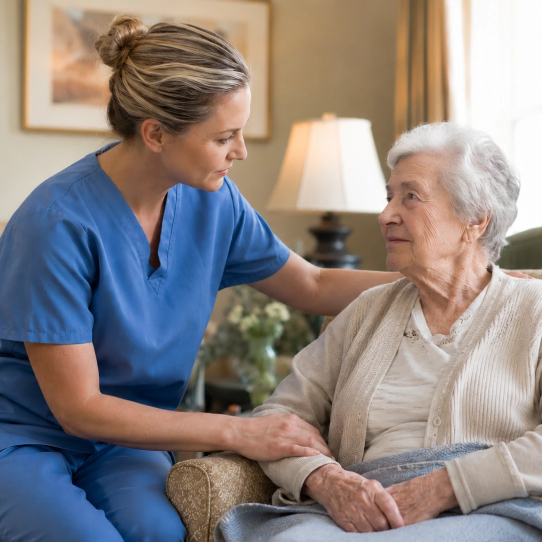 A nurse talking to an elder women