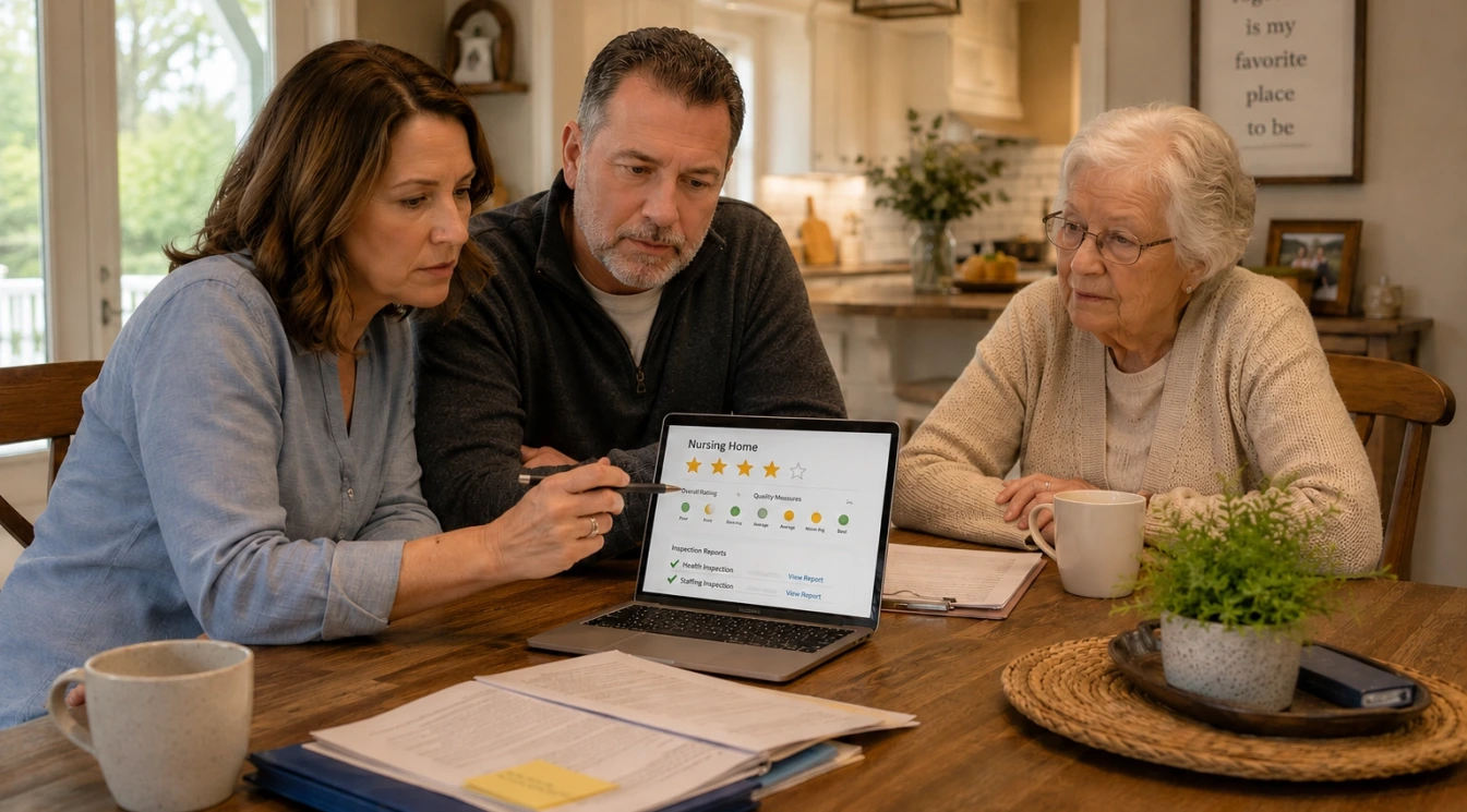 A family reviewing nursing home ratings and inspection reports on a laptop