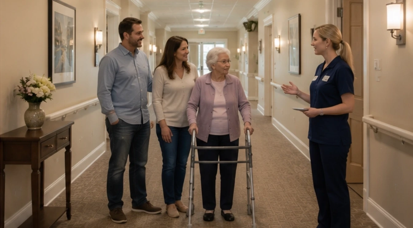 A family touring a nursing home and speaking with a staff member