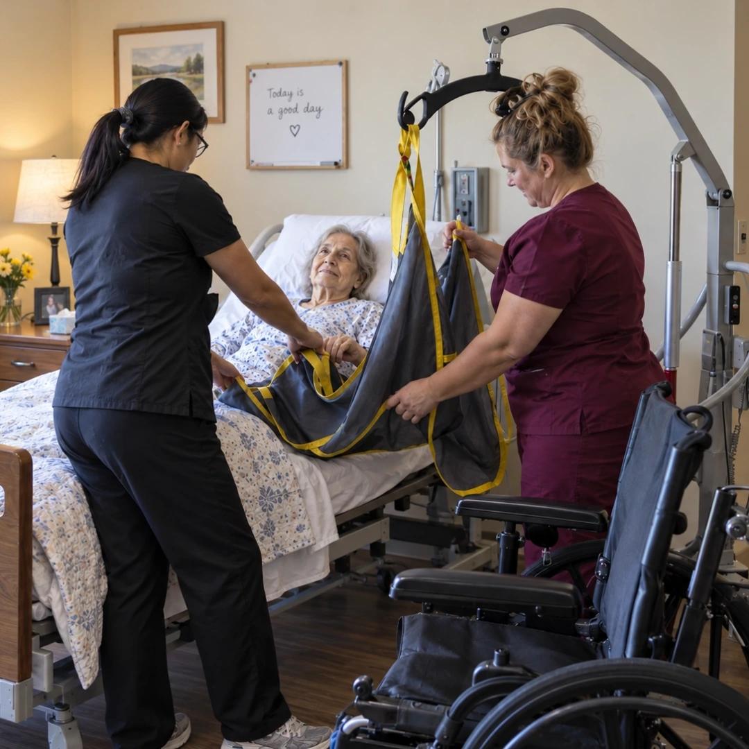 Two nursing assistants positioning a full-body mechanical sling beside an elderly resident before a bed-to-wheelchair transfer