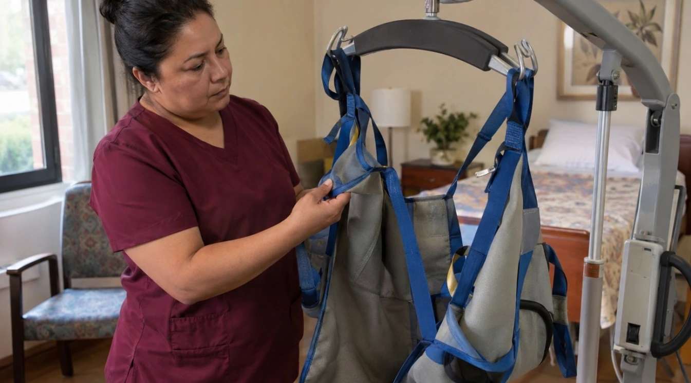 A nursing assistant closely inspecting the straps, loops, and stitching on a clean mechanical-lift sling before use
