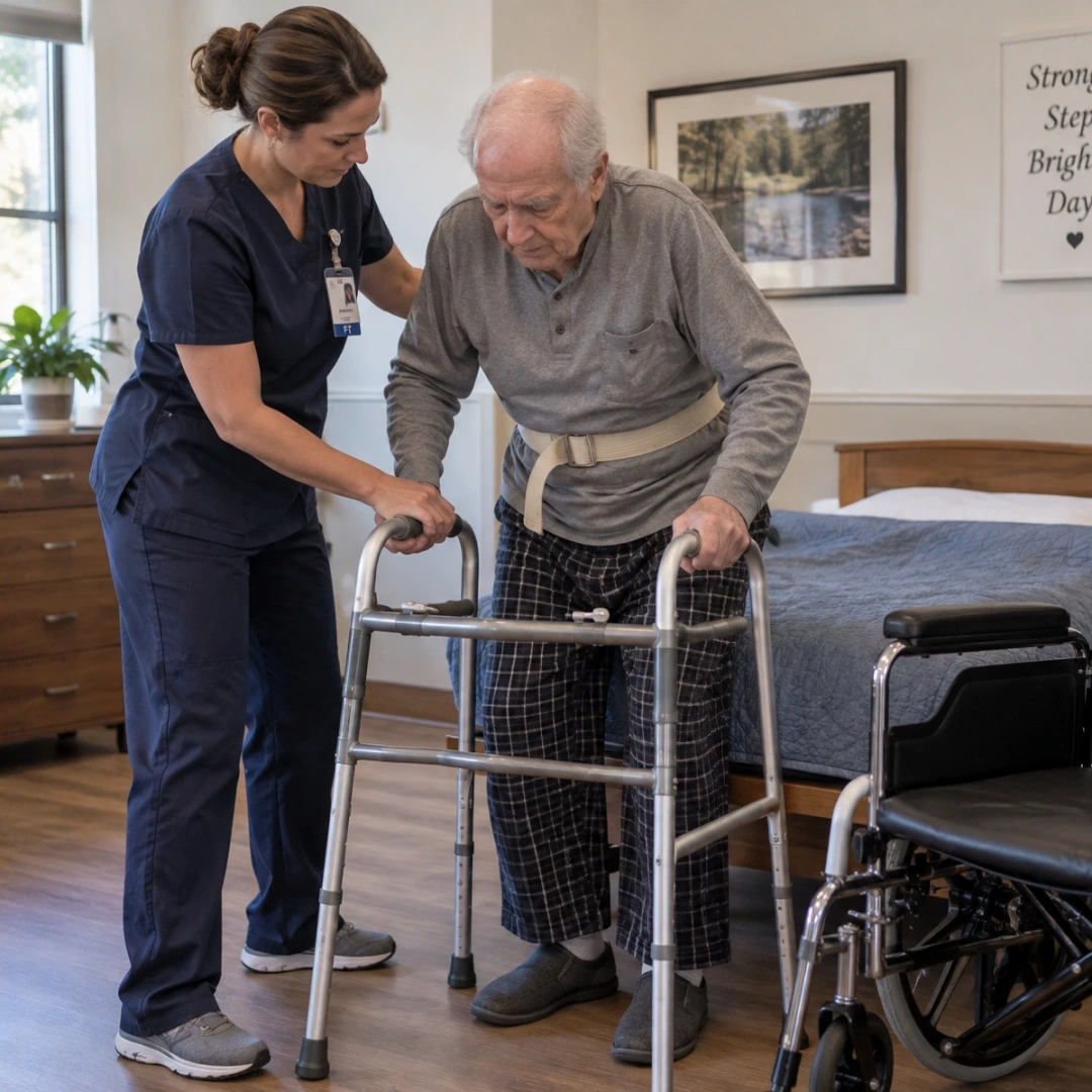 A physical therapist helping an elderly nursing home resident practice a supported sit-to-stand transfer with a walker