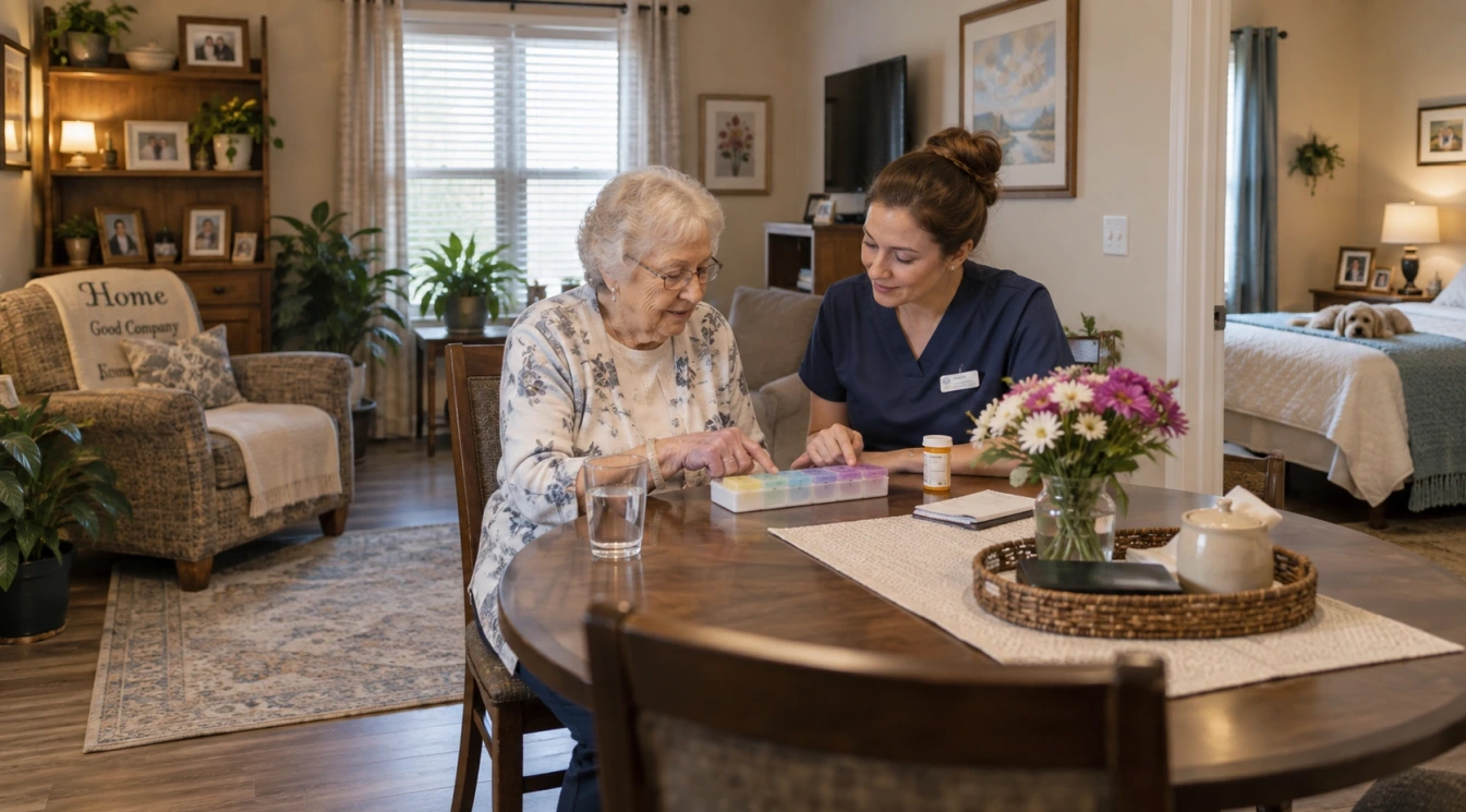 An assisted living caregiver calmly helping an elderly resident with an organized medication routine at a small dining table, with a glass of water and labeled pill container nearby