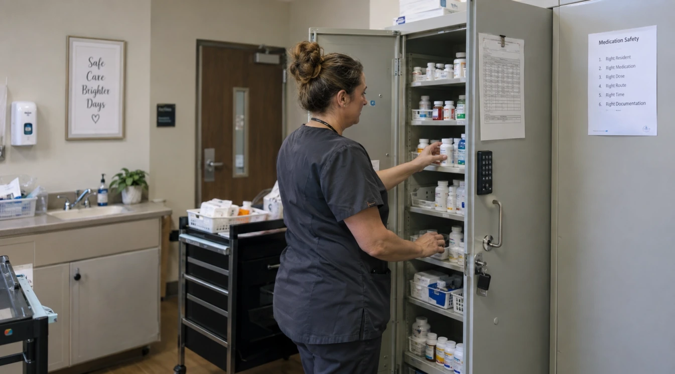 An assisted living staff member checking neatly organized prescription bottles inside a locked medication cabinet before closing and securing it