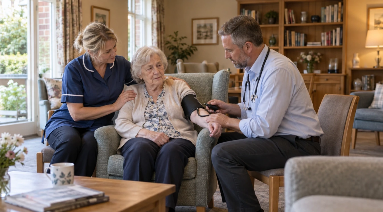 A concerned assisted living caregiver staying beside an elderly resident while a medical professional checks the resident after sudden dizziness and weakness