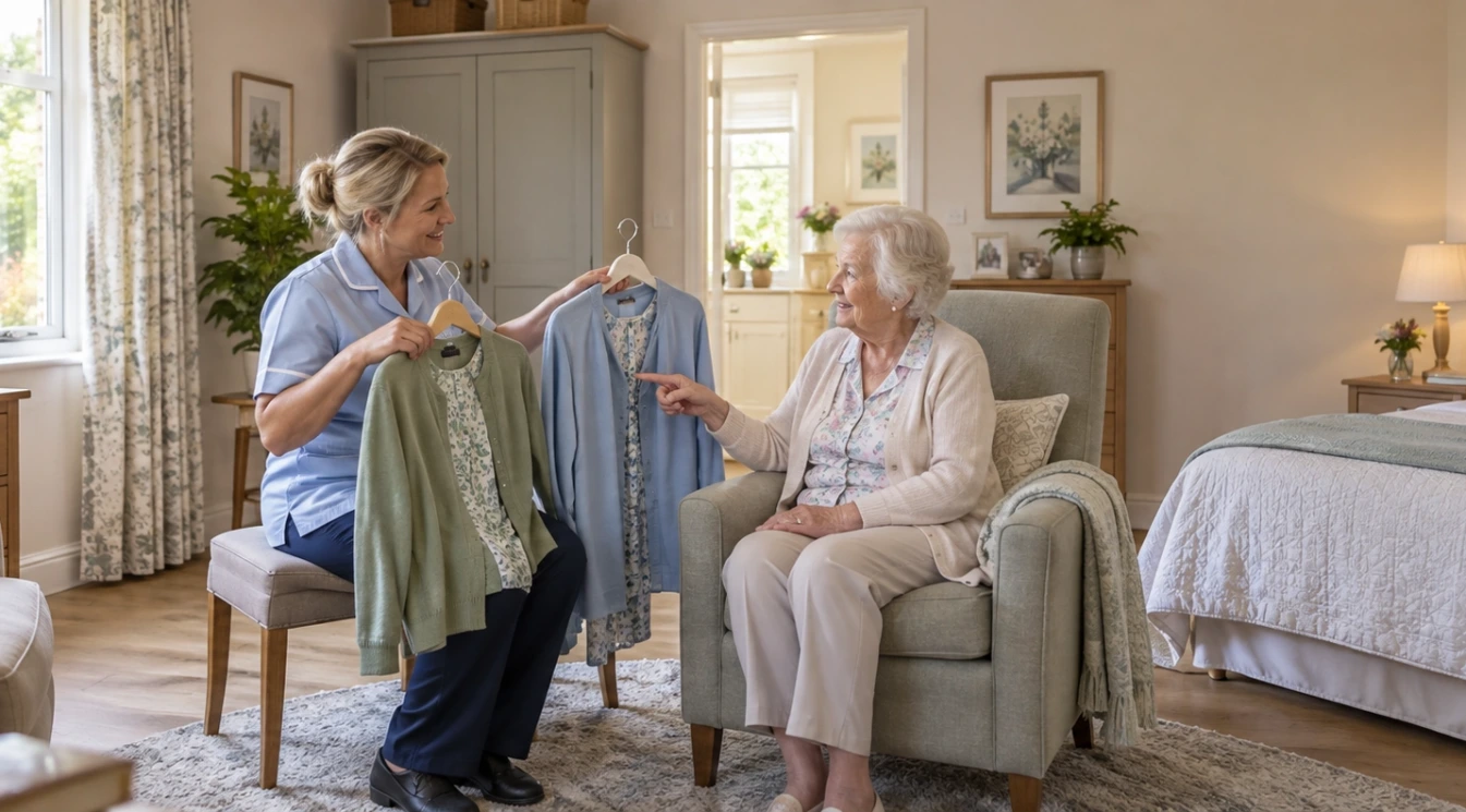 An assisted living memory care caregiver calmly helping an elderly resident choose between two outfits in a bright private room while maintaining a respectful, unhurried interaction