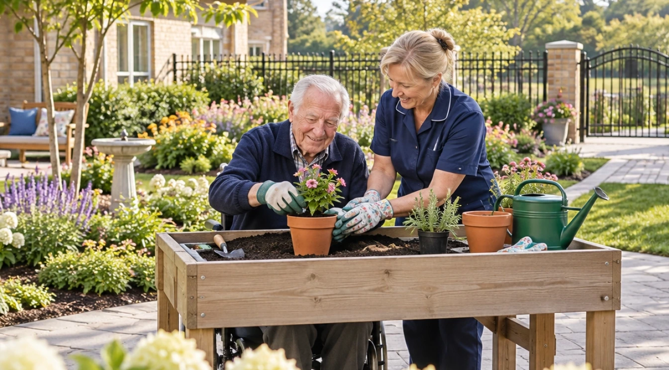 An elderly memory care resident participating in a simple gardening activity with a caregiver in a secure assisted living courtyard