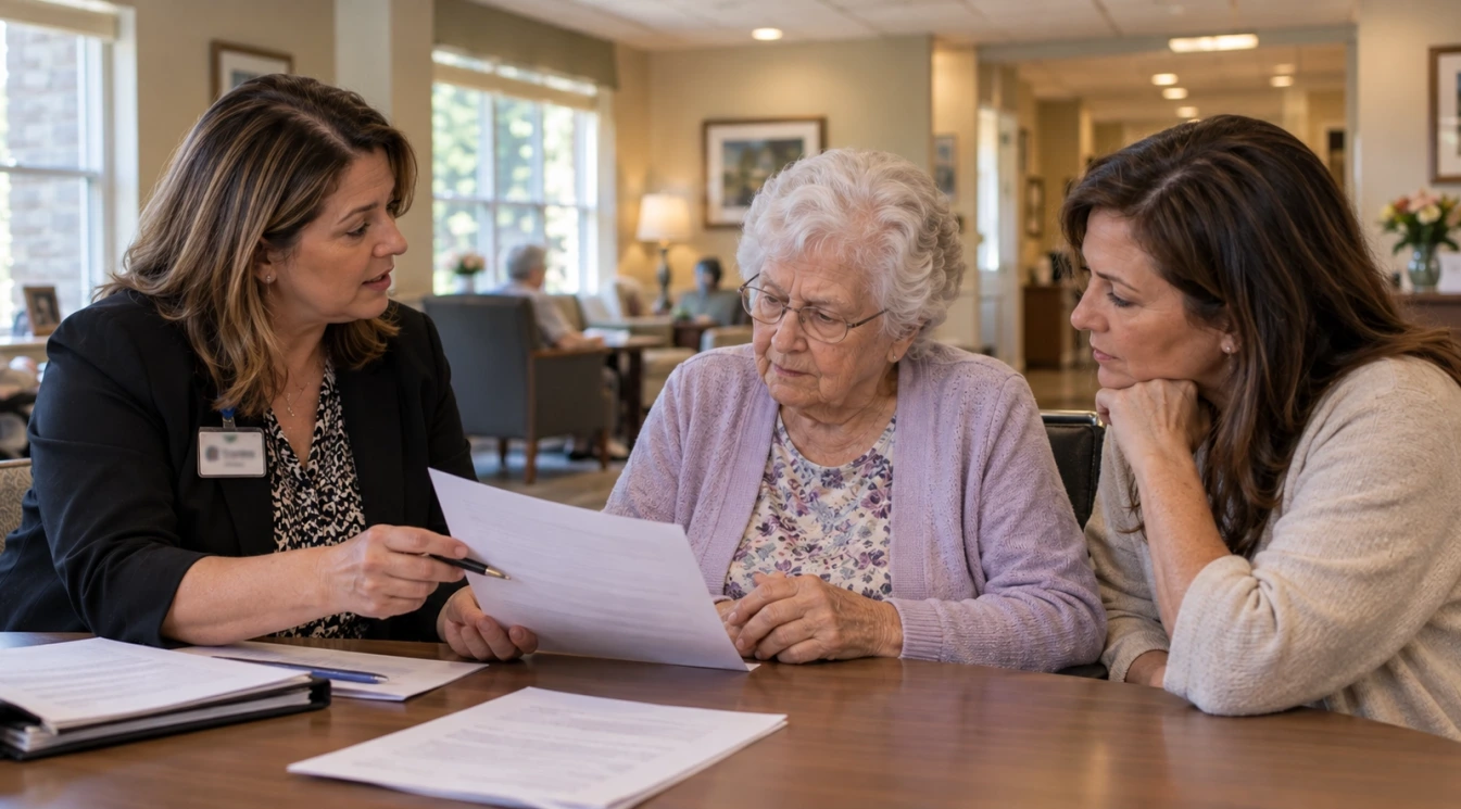 A nursing home admissions coordinator explaining a separate optional document to an elderly resident and adult daughter