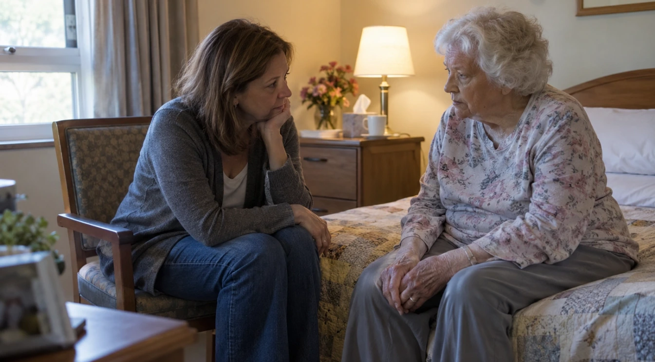 An elderly nursing home resident having a serious private conversation with an adult daughter in a quiet resident room