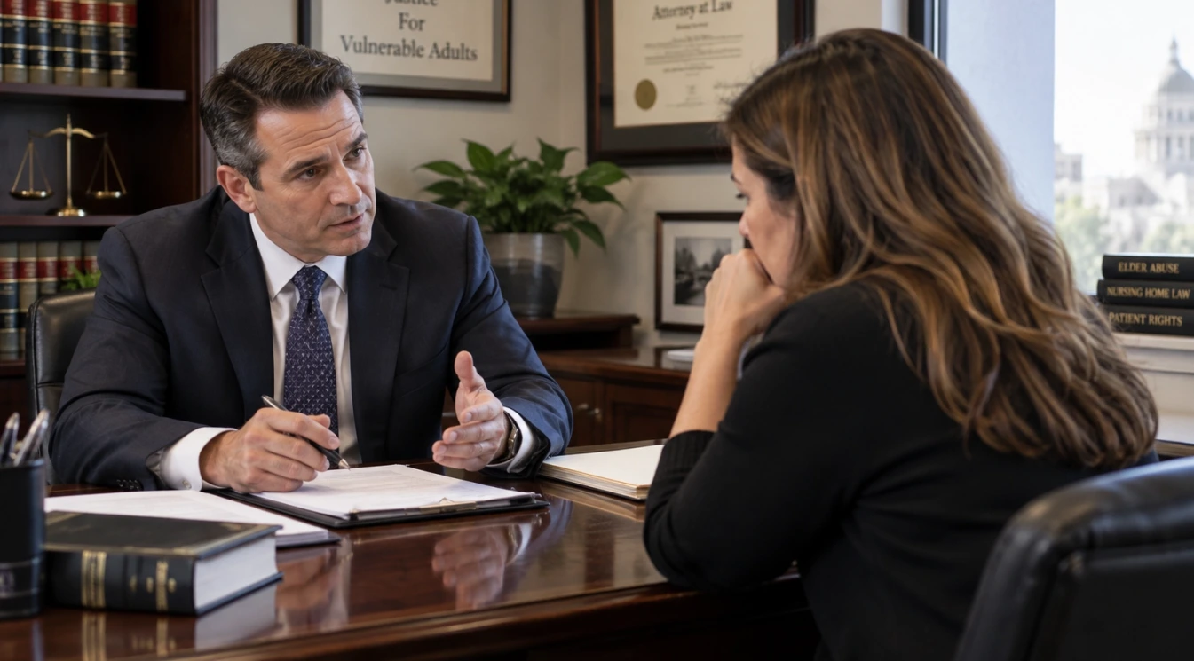 An elder abuse attorney speaking with an adult daughter in a professional law office
