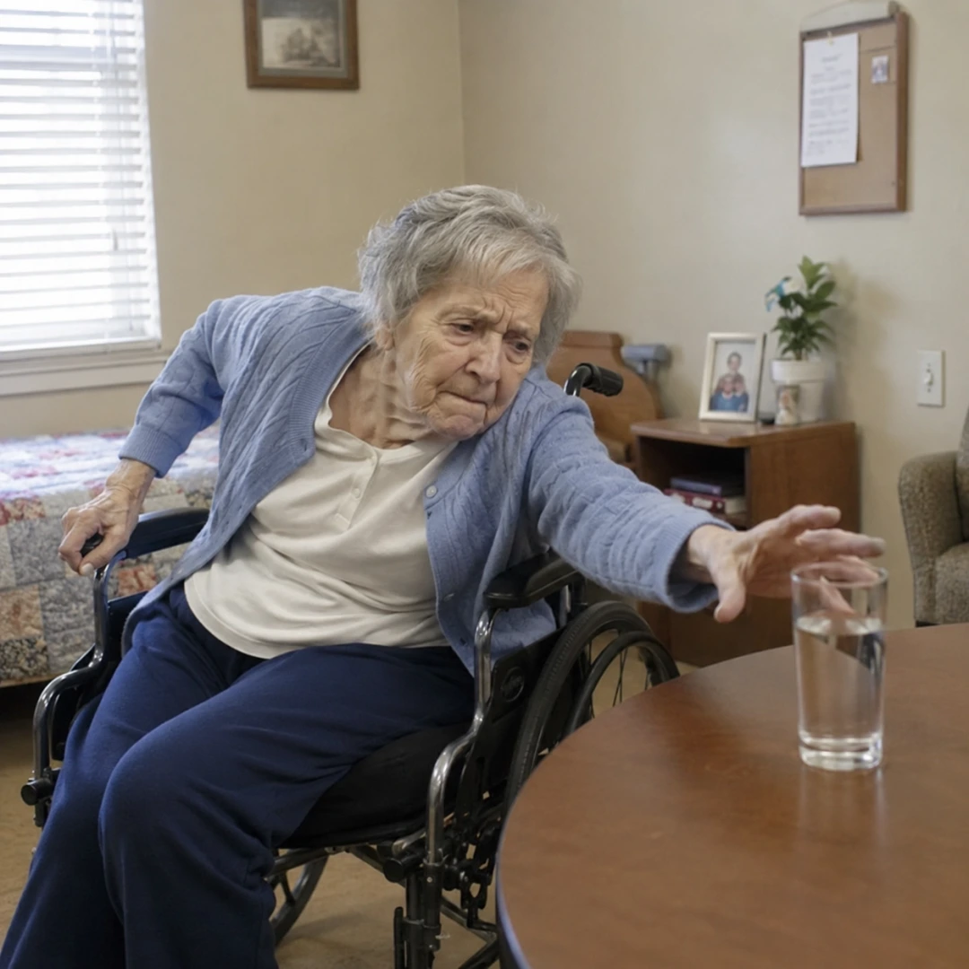 An elderly nearly falling while trying to reach a glass of water.