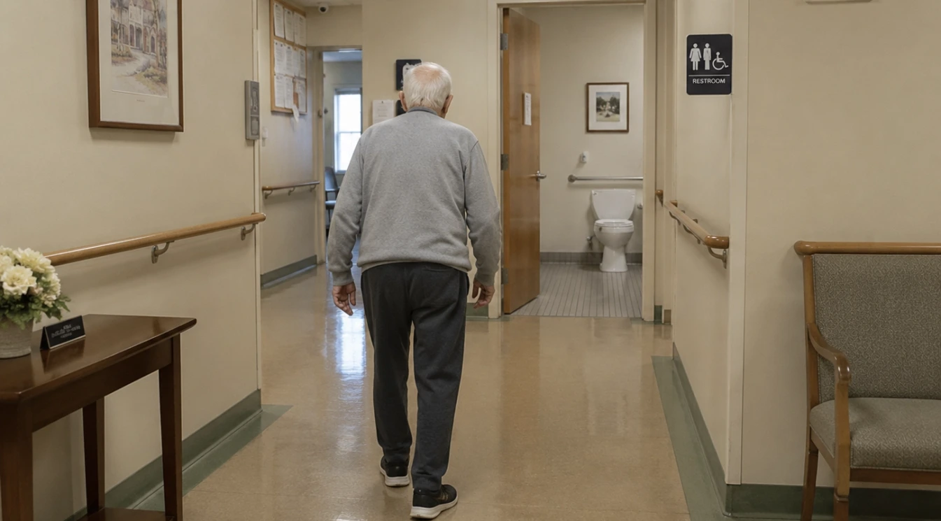 An elderly walking alone to use the restroom in nursing home