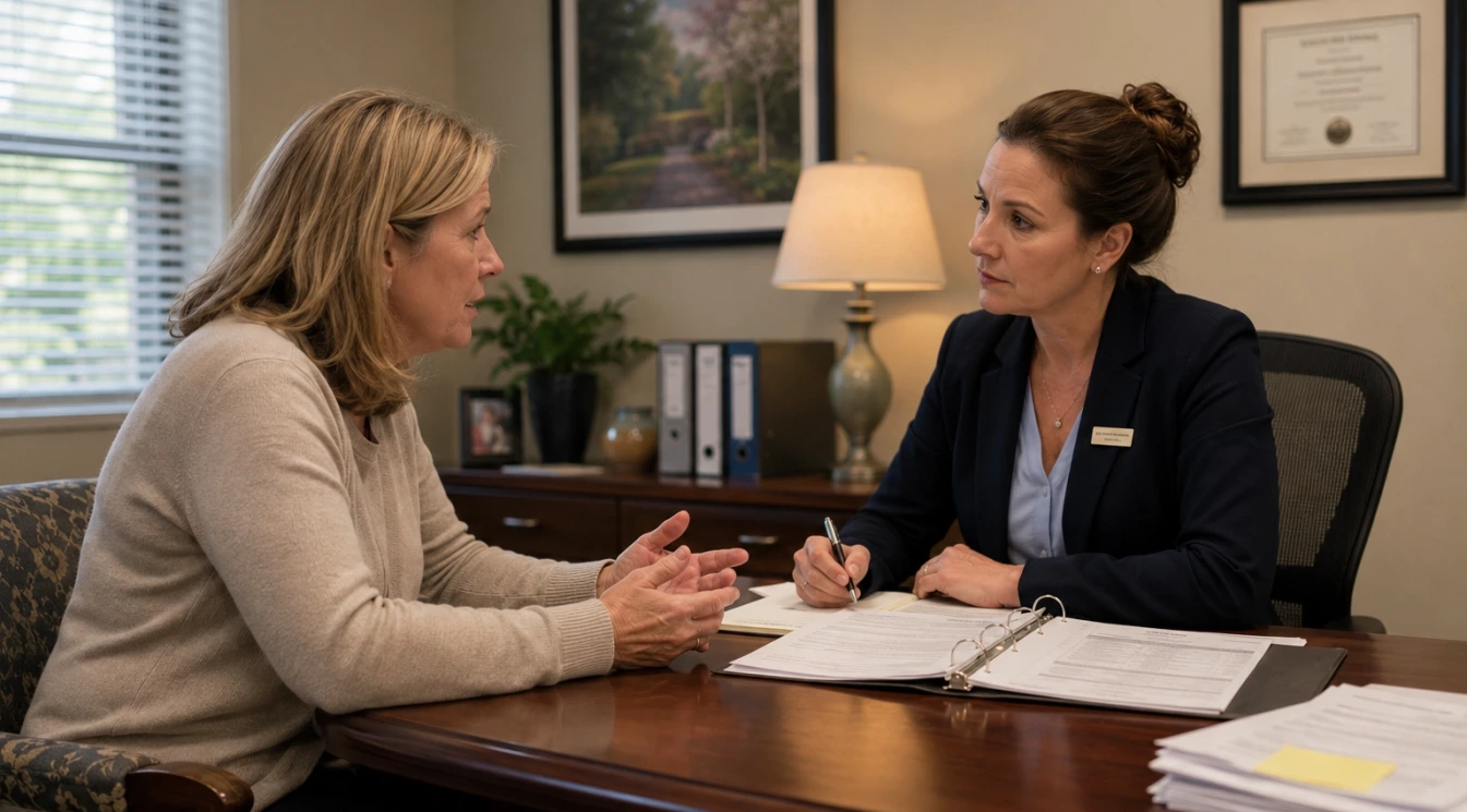 A family member talking to nursing home manager