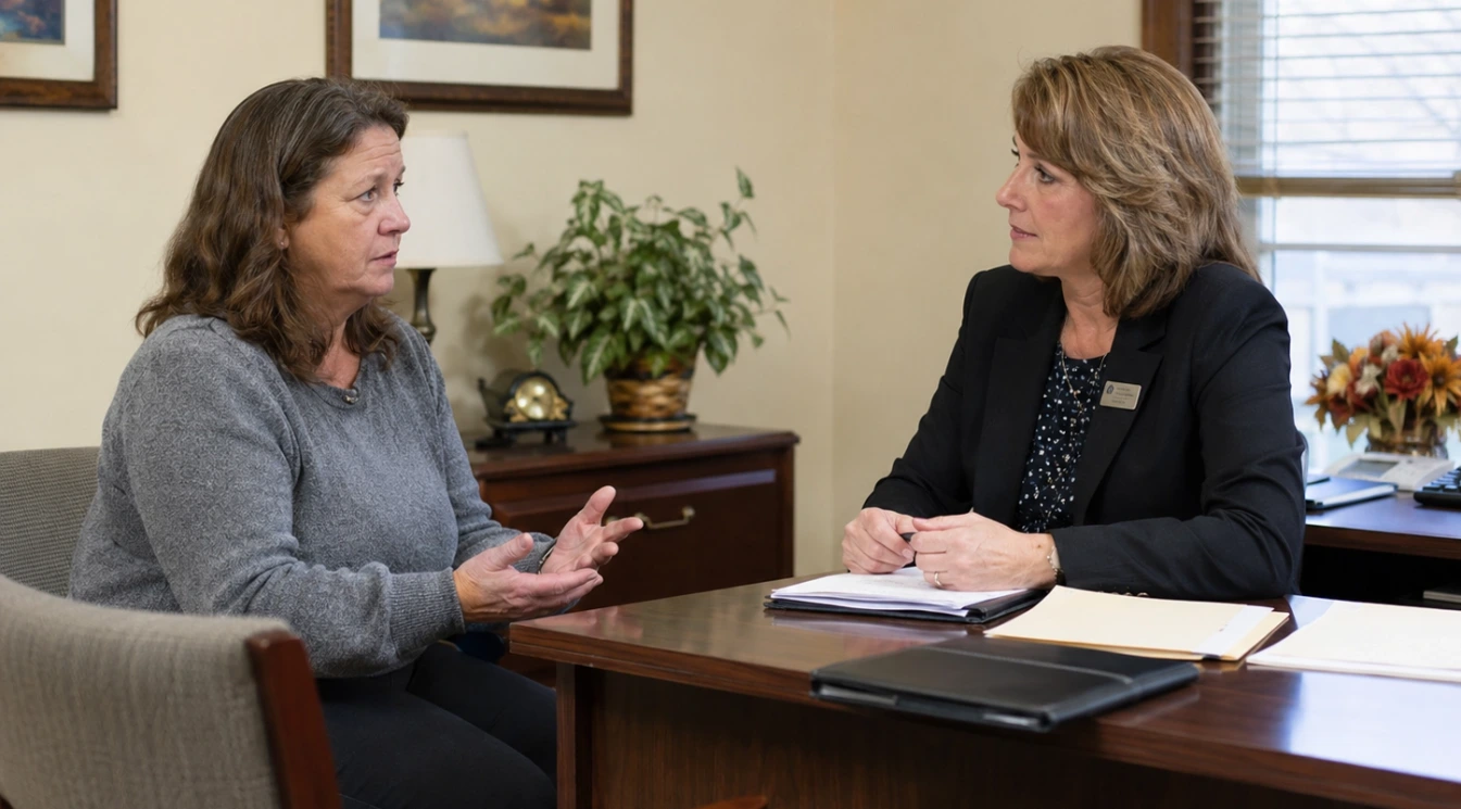 A concerned family member calmly discussing a resident care complaint with a nursing home administrator