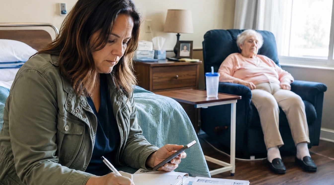 A family member documenting changes in an elderly nursing home resident’s care