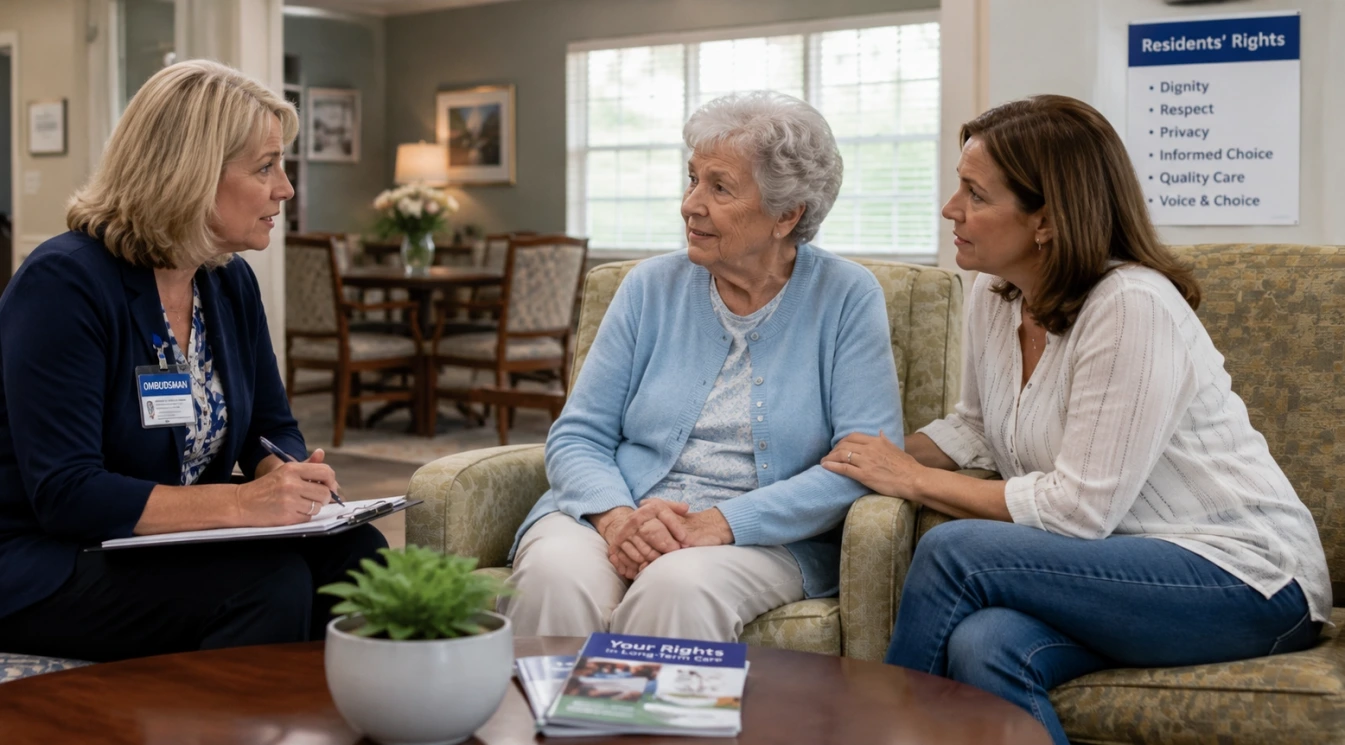 A long-term care ombudsman speaking privately with an elderly resident and family member