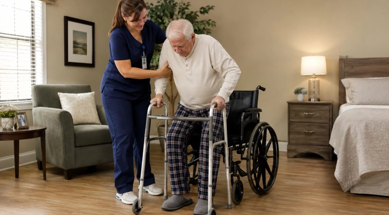A caregiver helping an elderly nursing home resident rise safely from a wheelchair with a walker