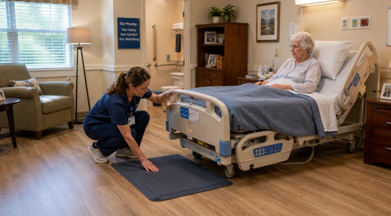A nurse lowering an elderly resident’s bed and checking a bedside floor mat as safer fall-prevention measures