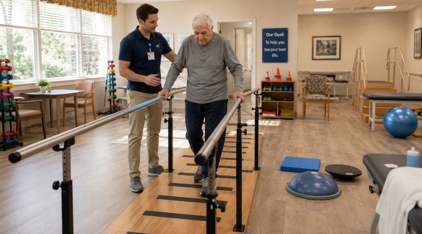 A physical therapist guiding an elderly nursing home resident through supervised walking and balance exercises