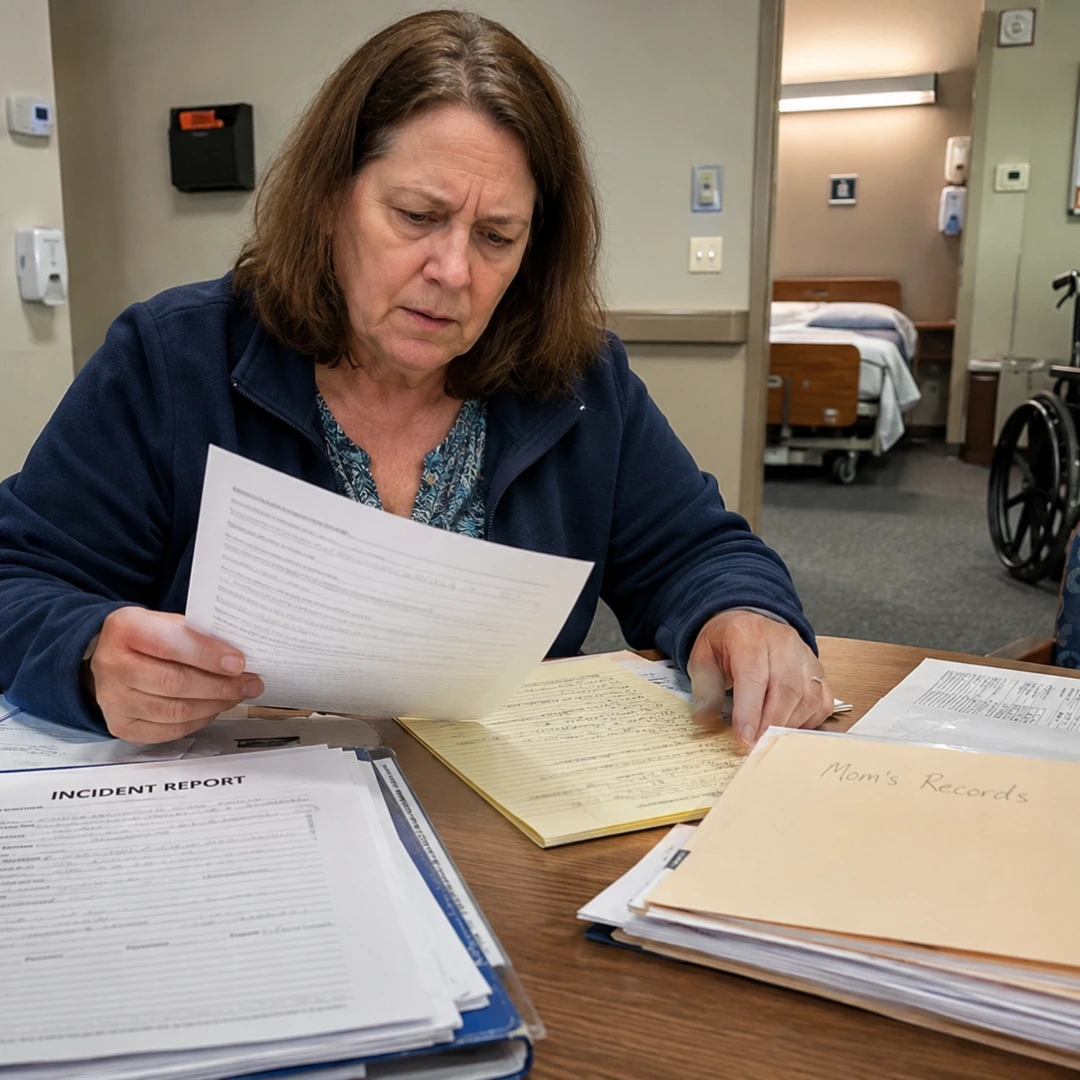 A family member organizing nursing home records after a serious care concern
