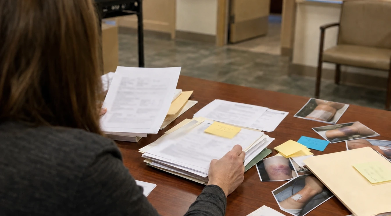 Dated notes, photographs, and nursing home care records being carefully organized