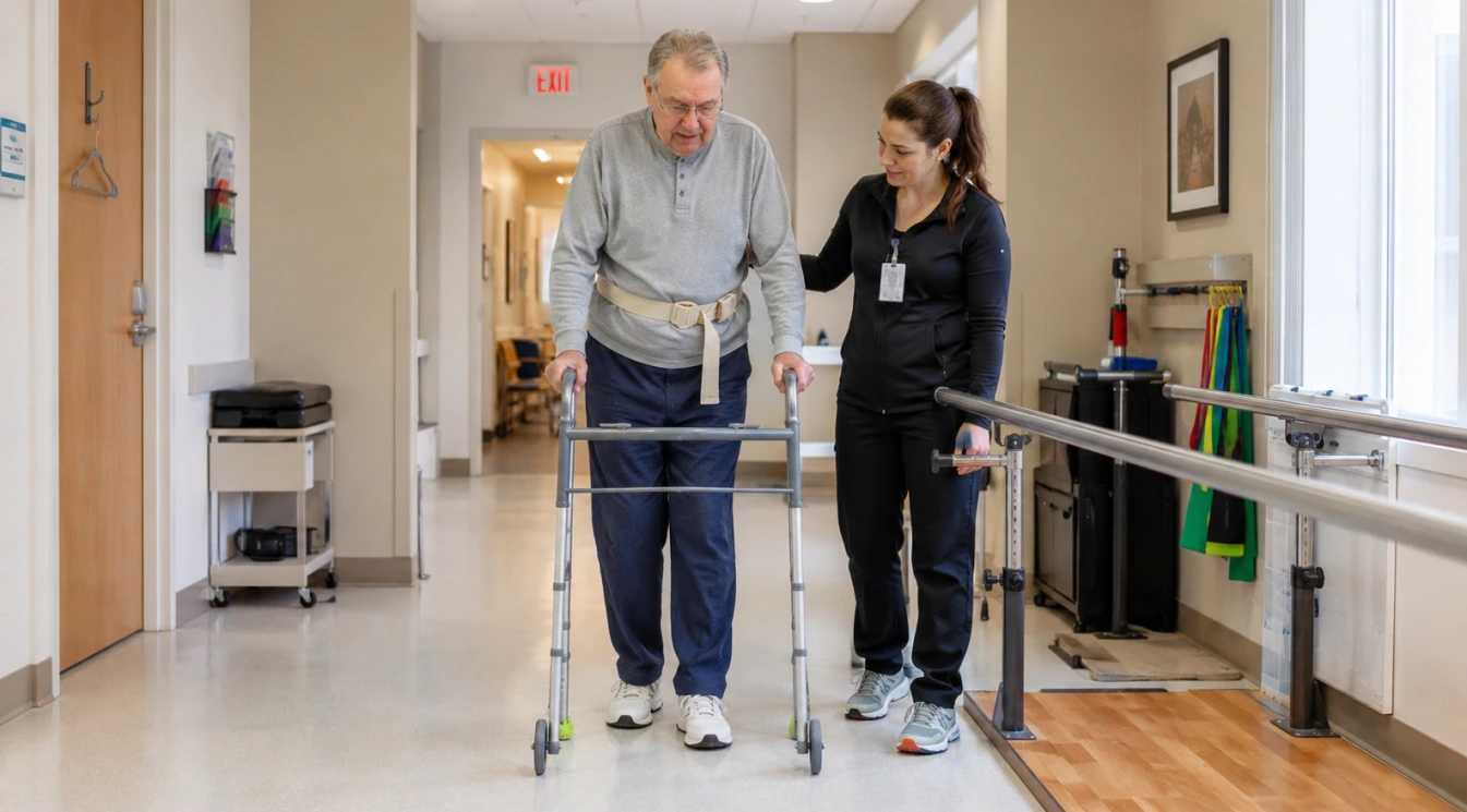 An elderly rehabilitation resident practicing walking with a therapist in a skilled nursing facility