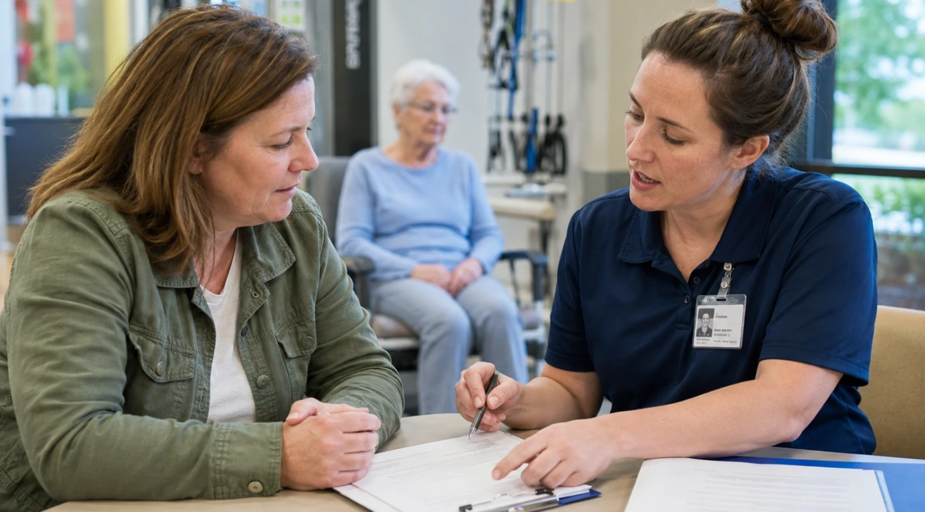 A family member and rehabilitation therapist reviewing an elderly resident’s mobility progress and discharge plan