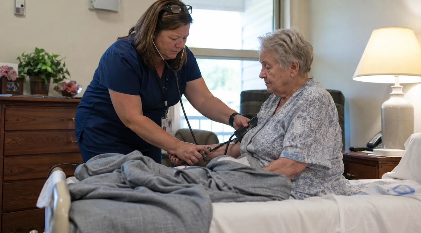 A nurse assessing an elderly nursing home resident after a sudden change in condition
