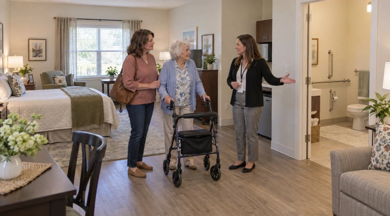 An elderly prospective resident and adult daughter touring an assisted living apartment with a care coordinator discussing mobility and daily assistance needs
