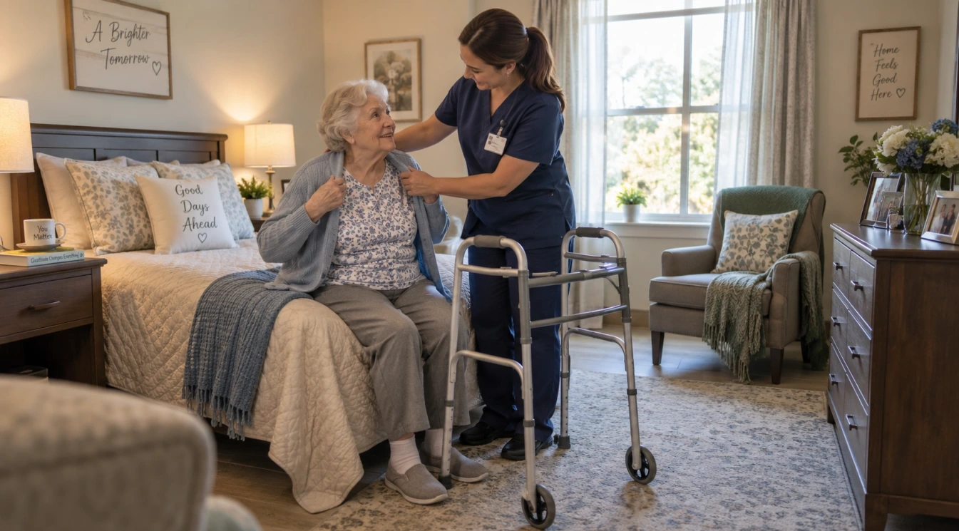 An assisted living caregiver helping an elderly resident with morning dressing and safe mobility beside a walker